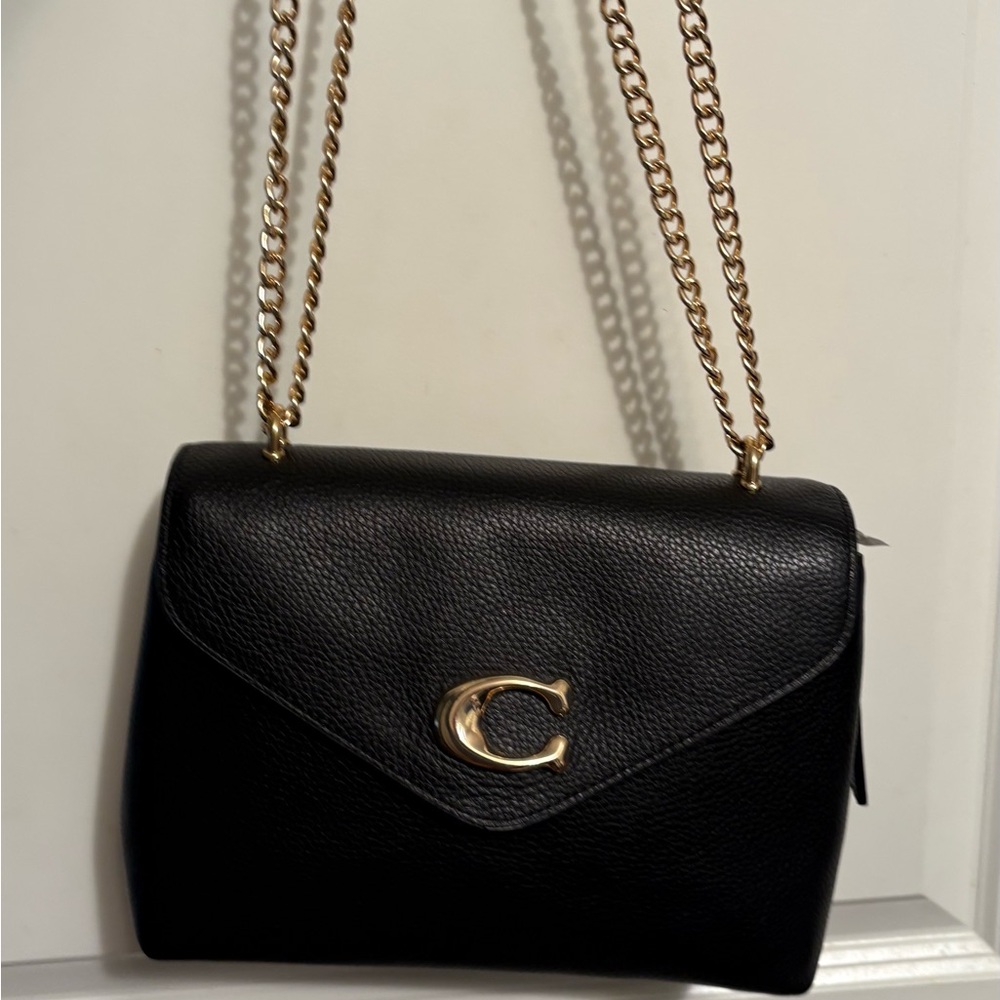 Coach Black Leather Shoulder Bag with Gold Chain